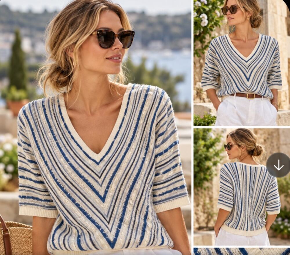 Gérard Darel Paris 100% Linen Knit Short Sleeve Sweater – Blue & Cream